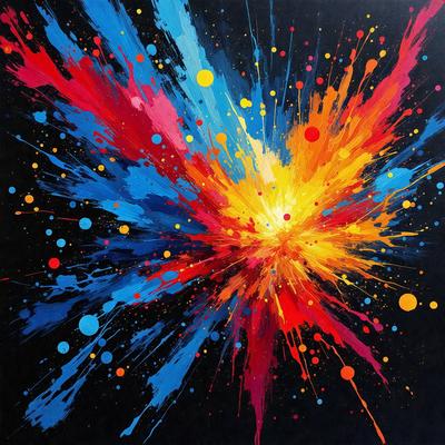 The primary subject of the image is a colorful, abstract painting featuring a mix of blue, yellow, orange, and red colors. The painting is displayed on a black background, which contrasts with the vibrant colors of the artwork. The visual style of the painting is a combination of digital art and illustration, creating a unique and eye-catching piece of art. The dominant colors and overall atmosphere of the painting are energetic, lively, and full of life, making it an engaging and captivating piece